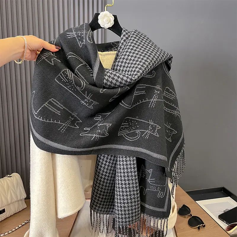 Black Cat Check Tassel Scarf