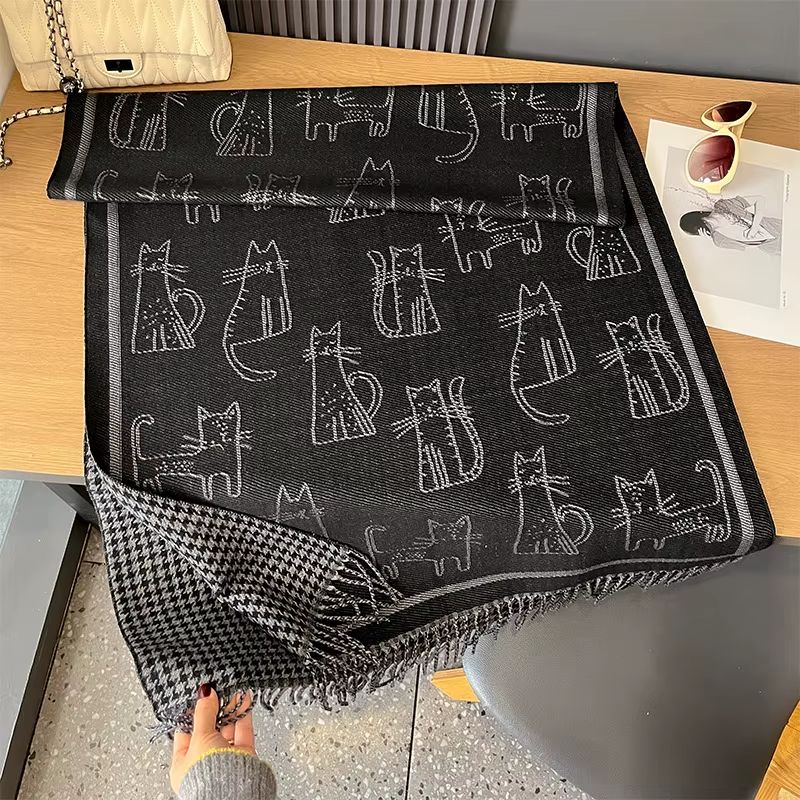 Black Cat Check Tassel Scarf