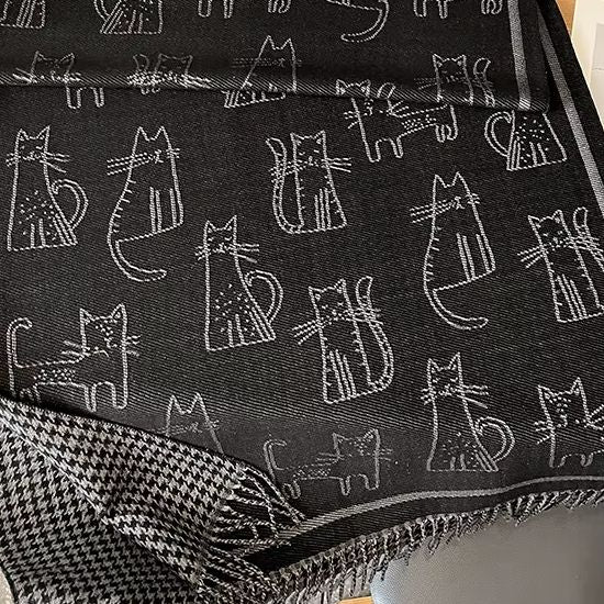 Black Cat Check Tassel Scarf