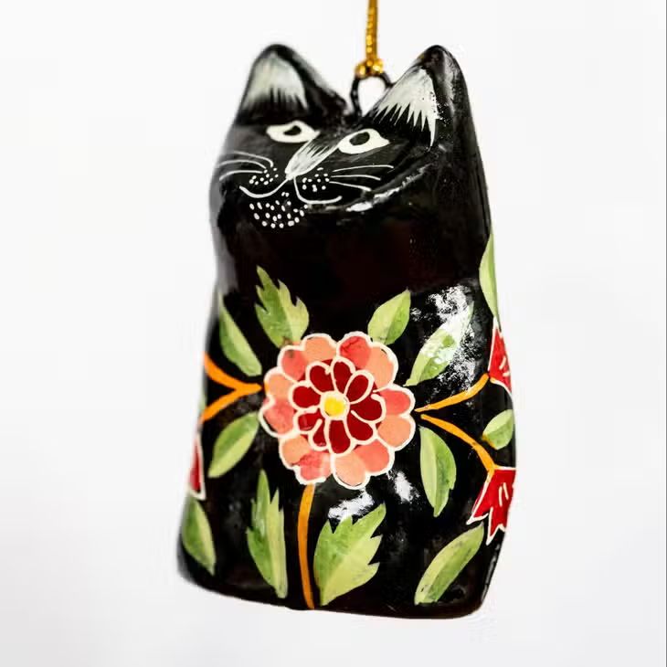 Fair Trade Painted Cat Decoration, Black Floral