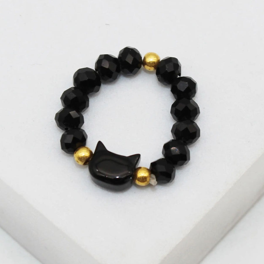 猫头黑色串珠弹力戒指