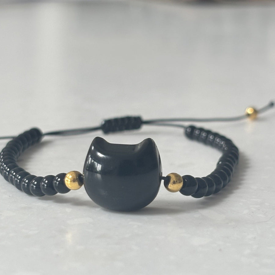 Cat Head Obsidian Friendship Bracelet