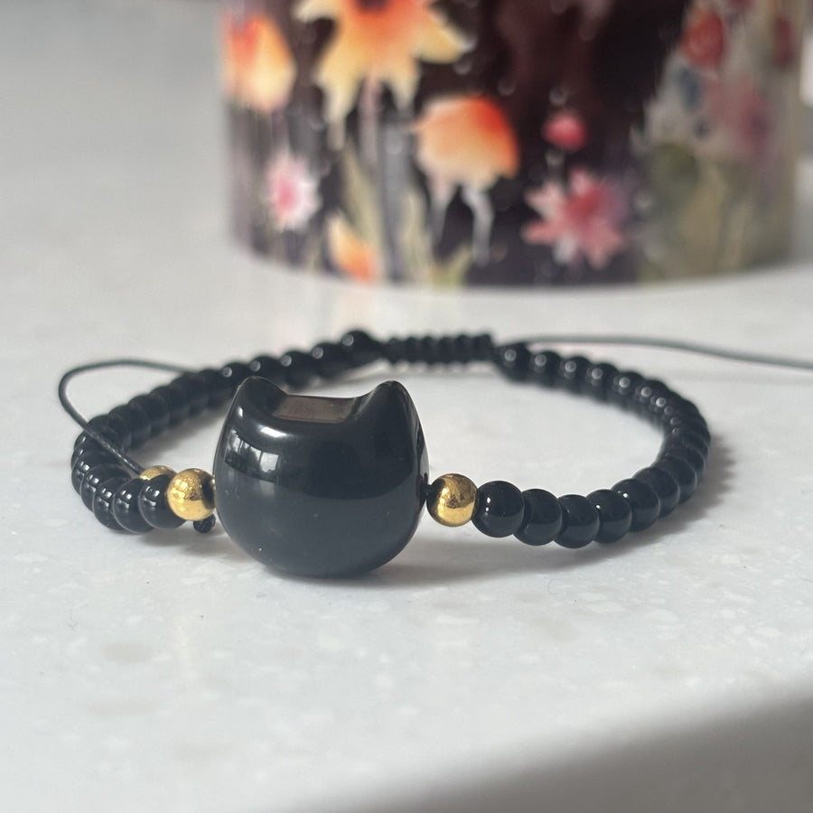 Cat Head Obsidian Friendship Bracelet