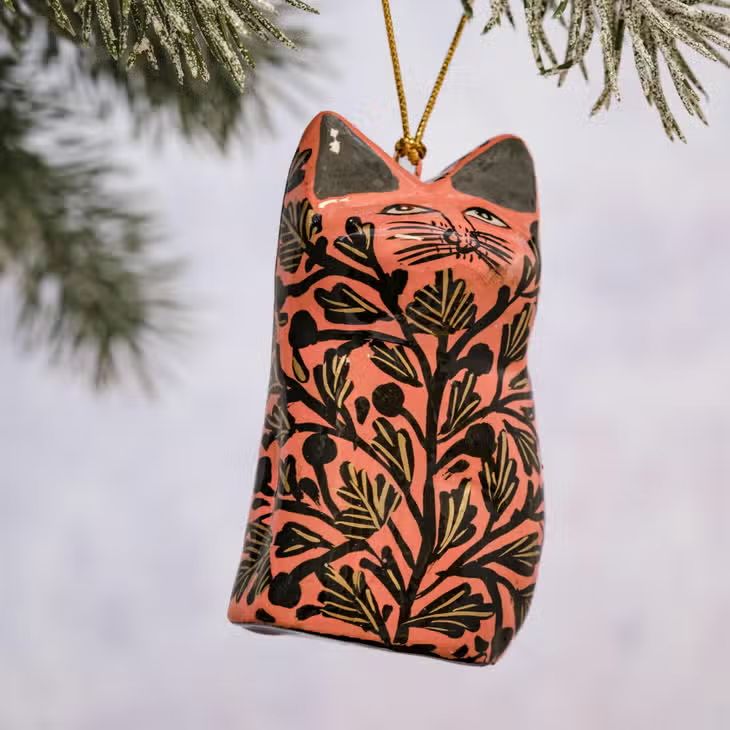 Fair Trade Painted Cat Decoration, Pink/Black Floral
