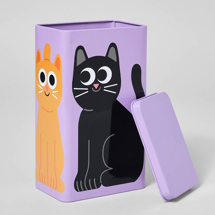 Purple rectangular container with black and ginger cat illustrations on a white background