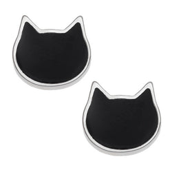 A pair of black cat face ear studs with stainless steel posts, displayed against a white background