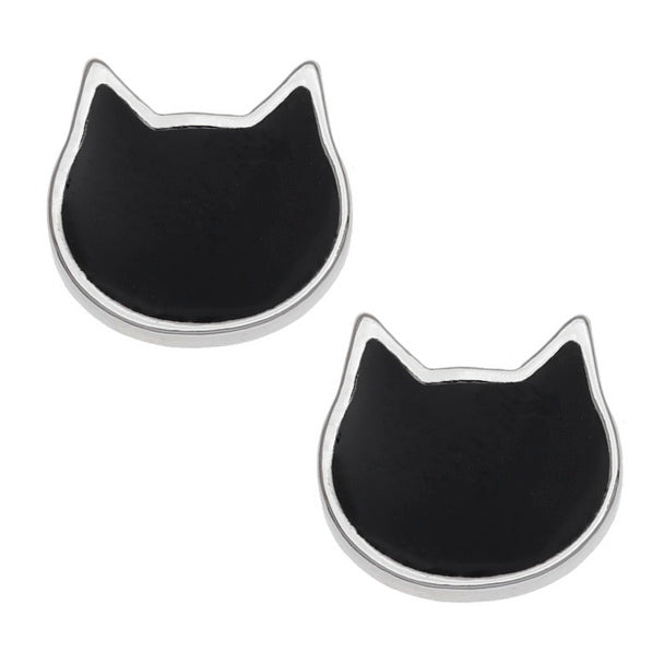 A pair of black cat face ear studs with stainless steel posts, displayed against a white background