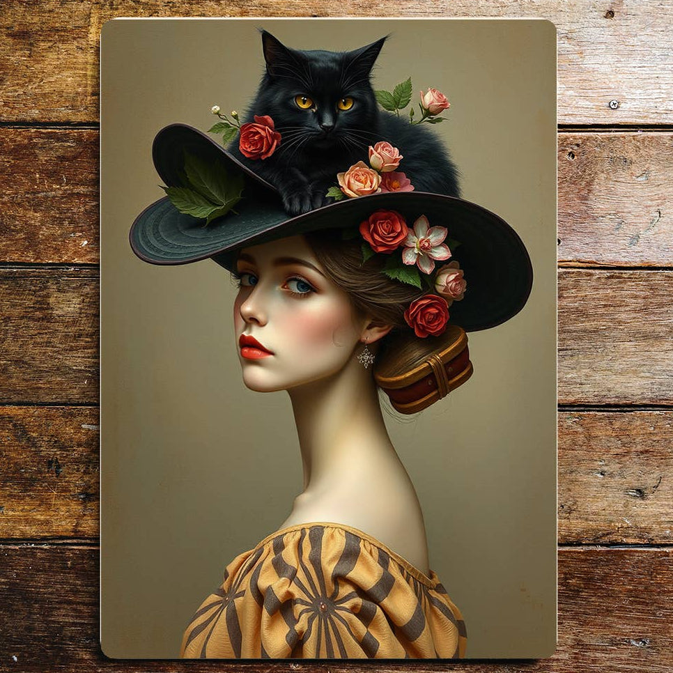 Black Cat Ladies Hat Metal Sign
