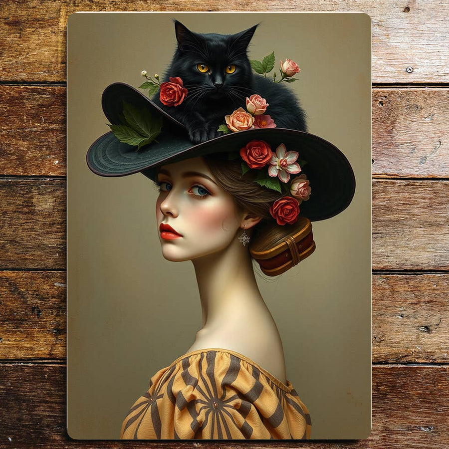 A rectangular sign showing a stylised portrait of a woman wearing an oversized black hat with a black cat, red and pink flowers