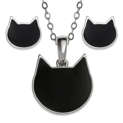 A set of black cat-shaped jewellery including a pendant and stud earrings on a white background