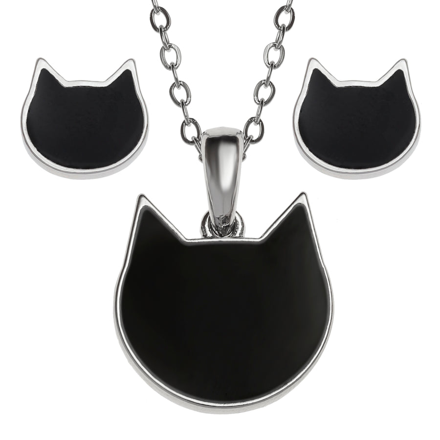 A set of black cat-shaped jewellery including a pendant and stud earrings on a white background
