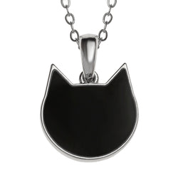 A black cat head pendant with a silver chain.