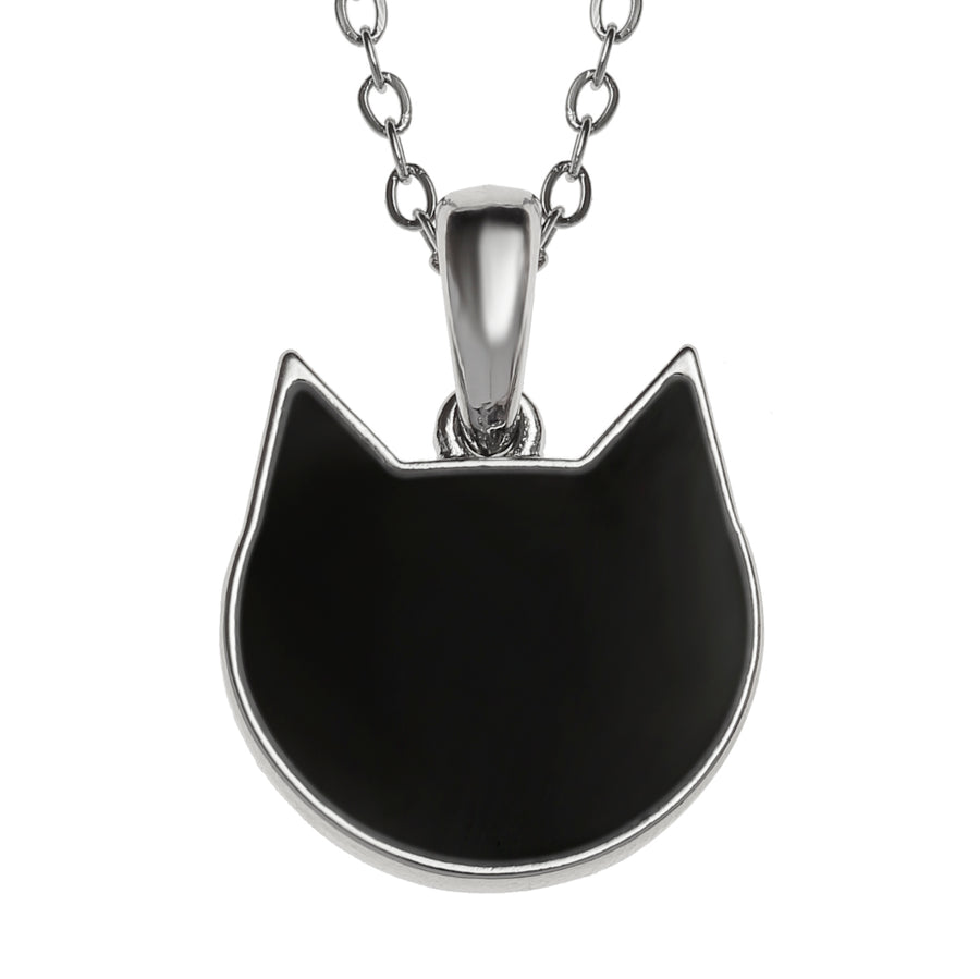 A black cat head pendant with a silver chain.