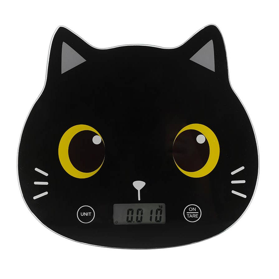 Black cat-shaped digital scale with tare function button on a white background