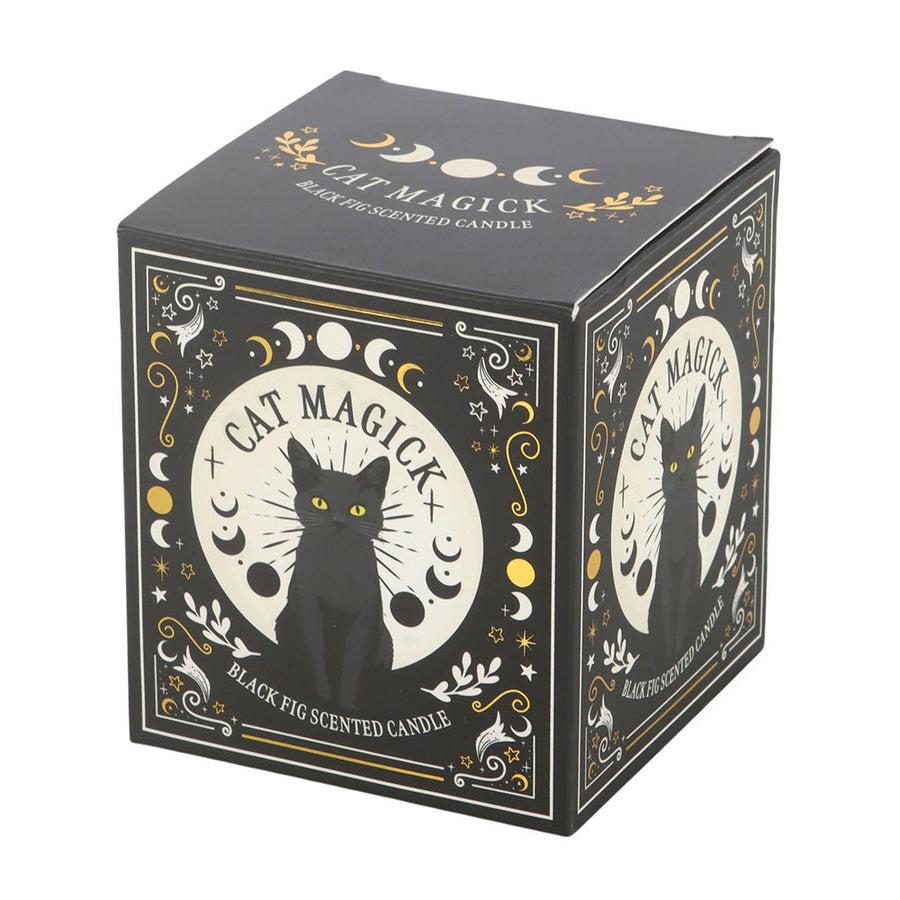Box of Cat Magick black fig scented candle with black cat illustration on a white background