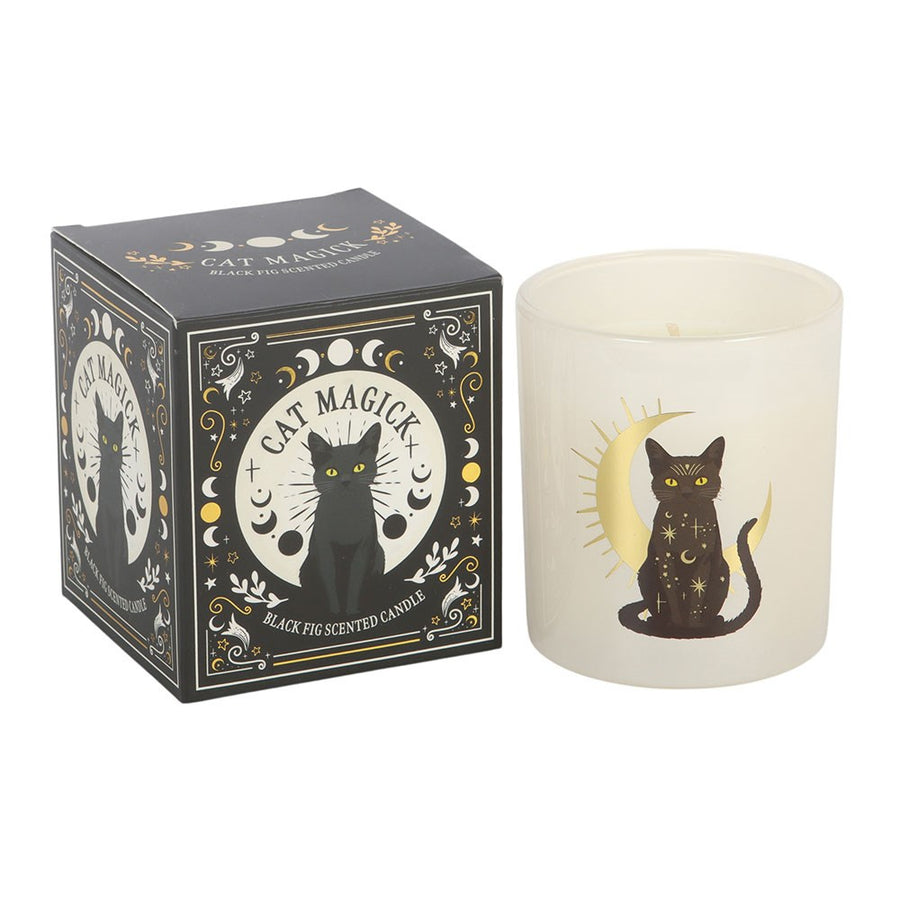 Candle with cat illustration and packaging on a white background