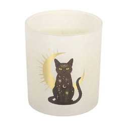 Candle with a black cat and moon design on a white background