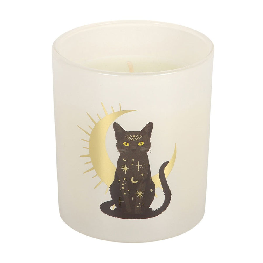 Candle with a black cat and moon design on a white background