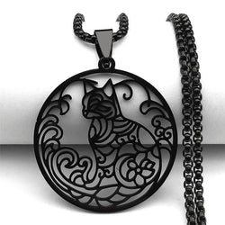 Black stainless steel pendant with cat design on a white background