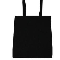 A plain black canvas tote bag with two top handles, shown against a solid white background.