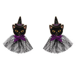 Pair of black cat earrings with witch hats and purple bows on a white background