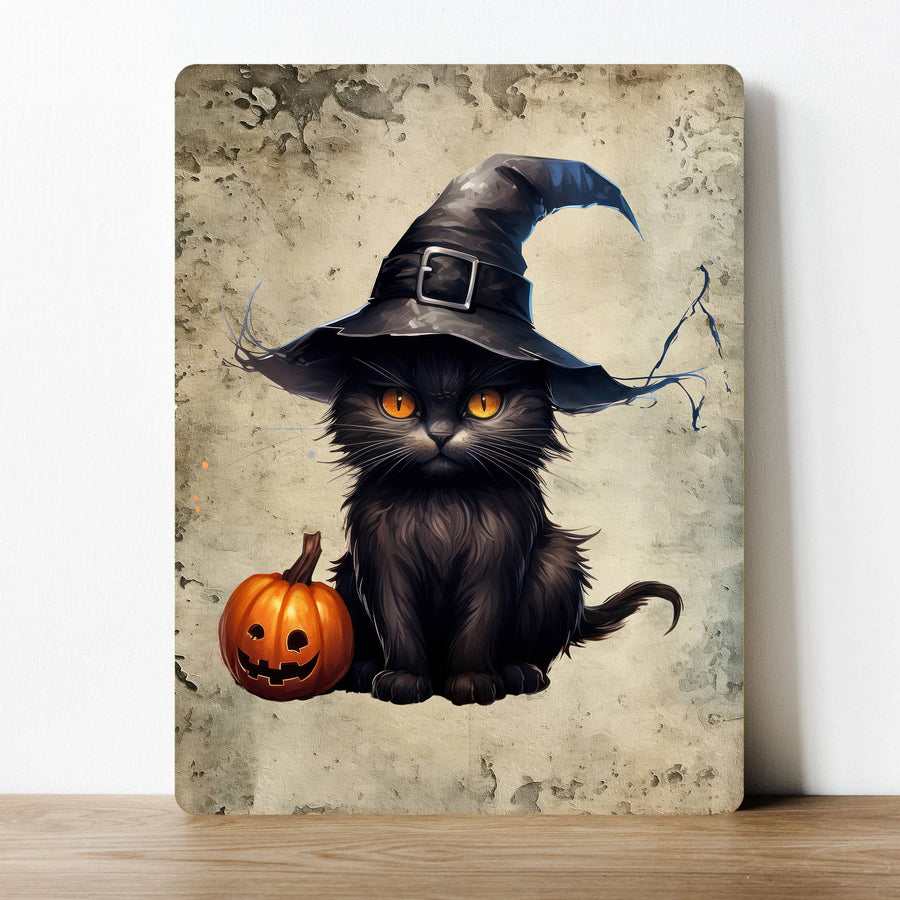 A rectangular wall sign featuring an illustration of a black cat wearing a witches hat and sitting beside a carved  pumpkin.