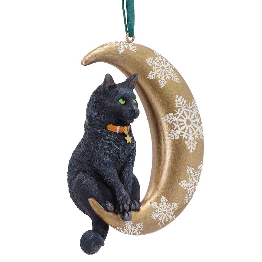 Decorative ornament with a black cat sitting on a gold crescent moon with snowflake patterns