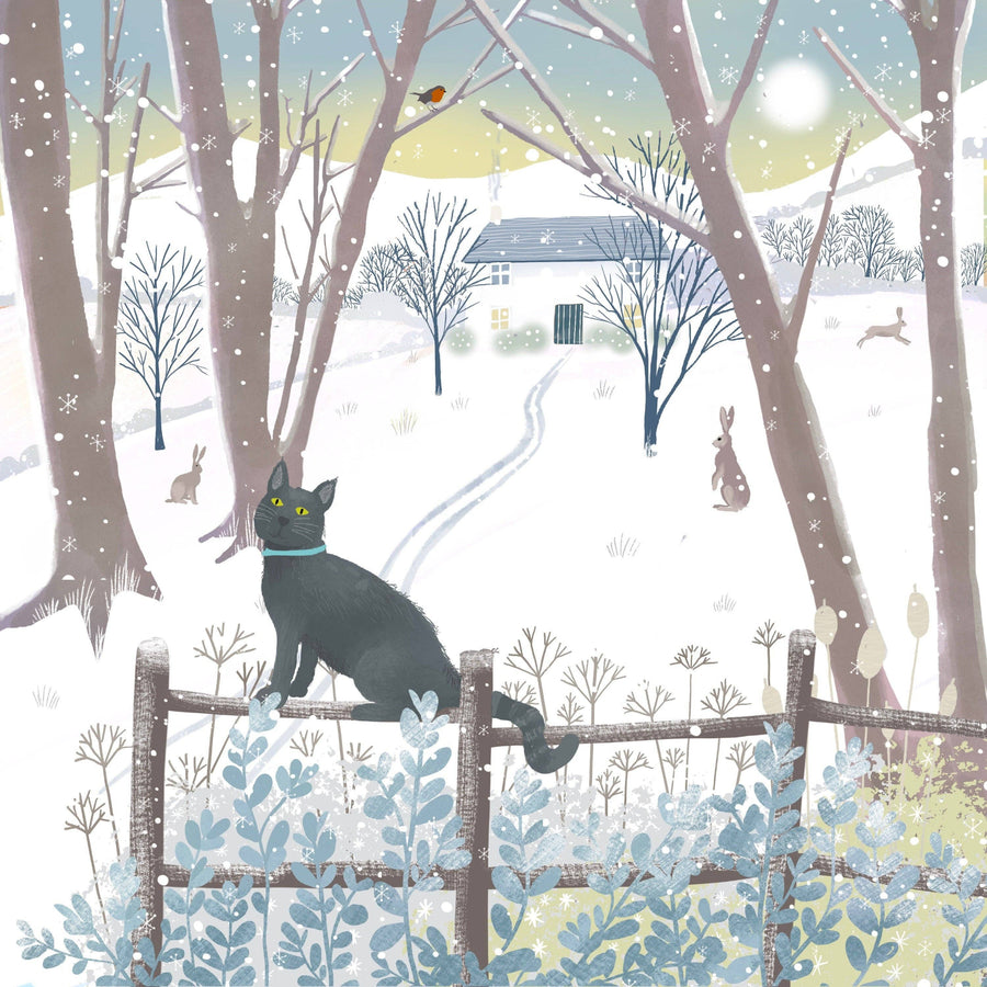 A winter landscape illustration featuring a black cat sitting on a wooden fence in the foreground, with bare trees, snow, a small house, rabbits, and a bird in the distance.