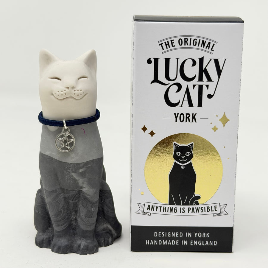 A resin Lucky Cat figurine next to its retail packaging box. The figurine is a white cat with a grey body and a dark blue collar featuring a silver pentagram charm.