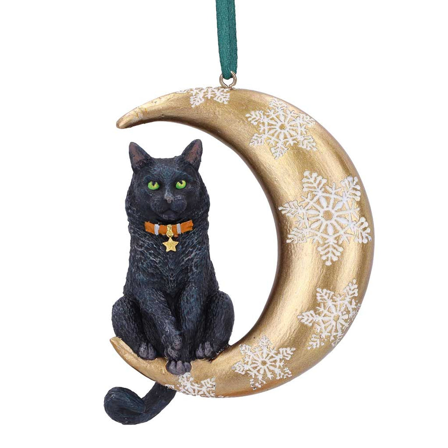 Decorative ornament with a black cat sitting on a gold crescent moon with snowflake patterns