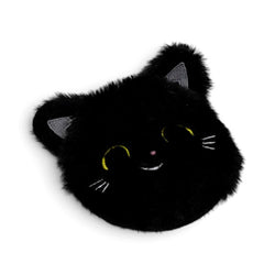Plush black cat face forming the outer of a handwarmer, on a white background