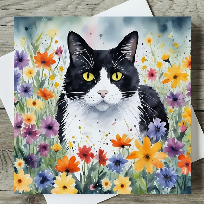Black and White Cat Watercolour Card