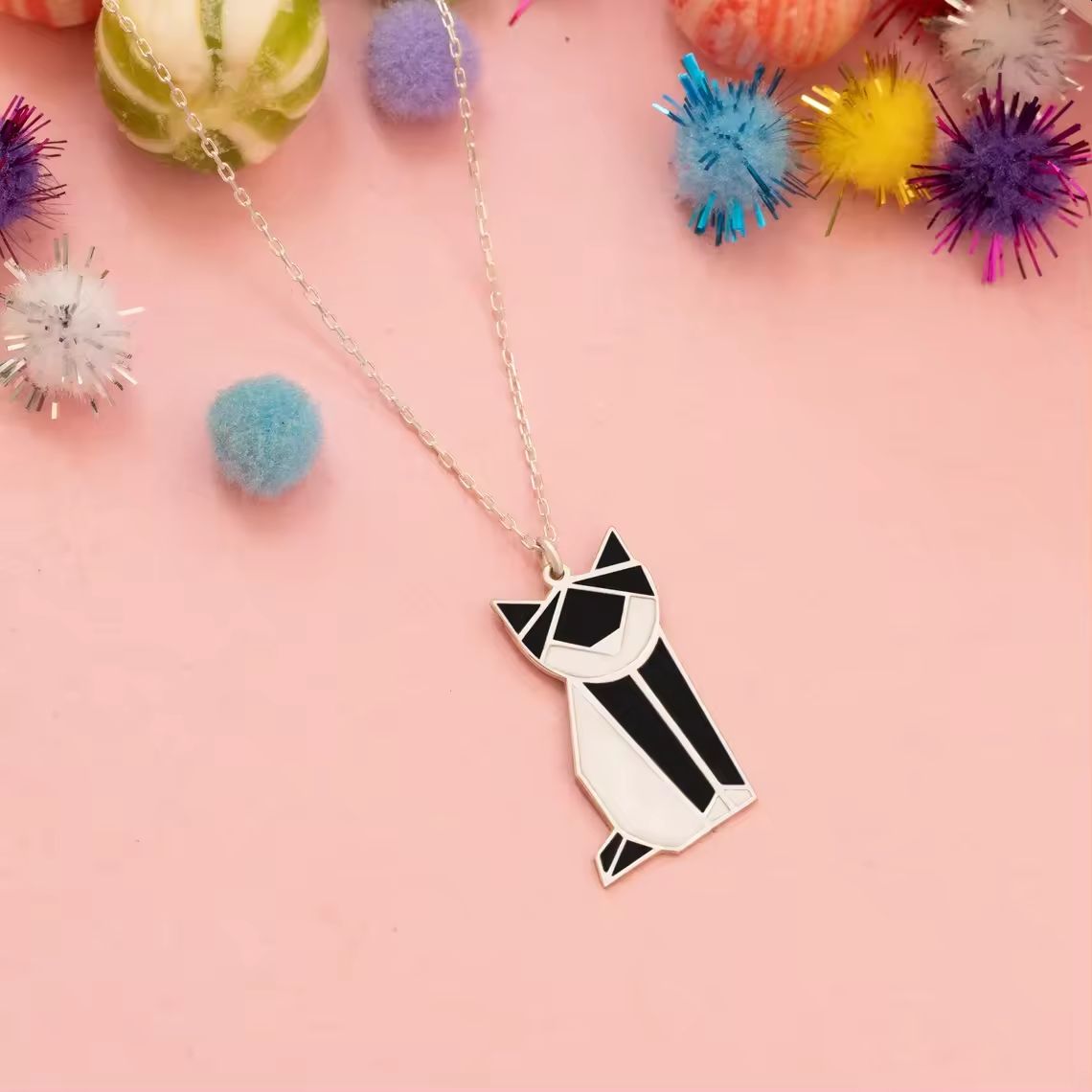 Contemporary Black & White Cat Pendant