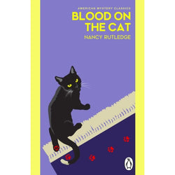 Book cover of 'Blood on the Cat' by Nancy Rutledge with a black cat making bloody red pawprints illustration.
