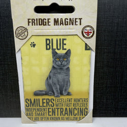 A blue fridge magnet featuring an illustration of a grey cat, presented in its original retail packaging with a cardboard backing.