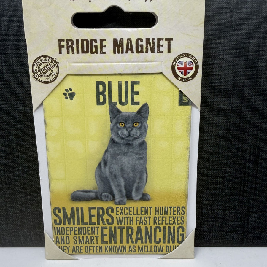 A blue fridge magnet featuring an illustration of a grey cat, presented in its original retail packaging with a cardboard backing.