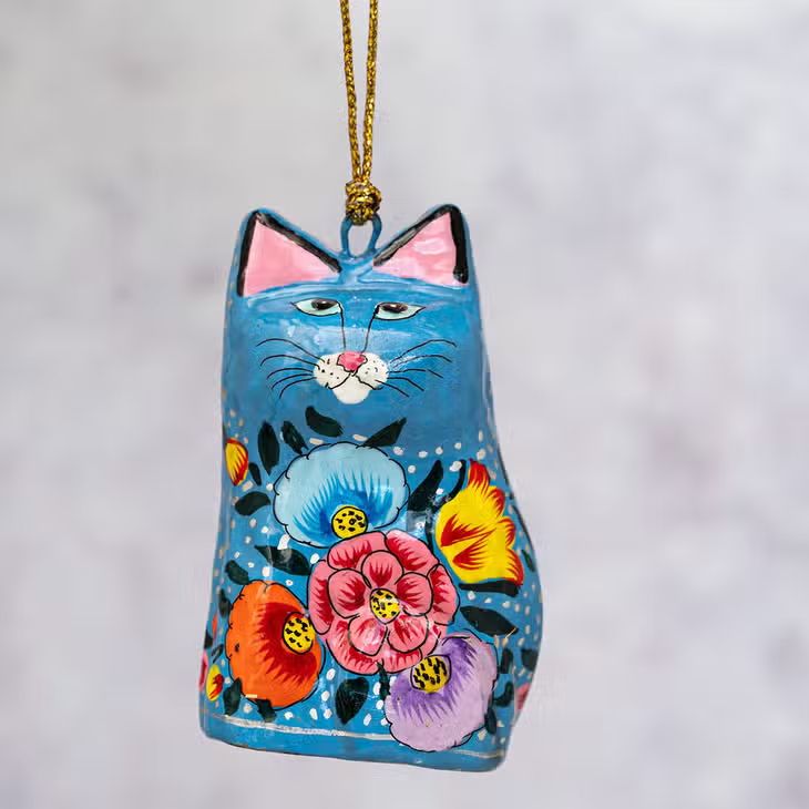 Fair Trade Painted Cat Decoration, Blue Floral