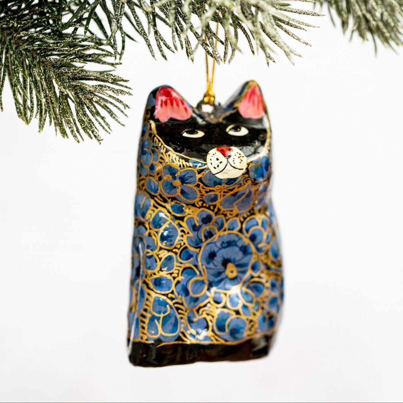 Fair Trade Painted Cat Decoration, Blue-Gold Floral