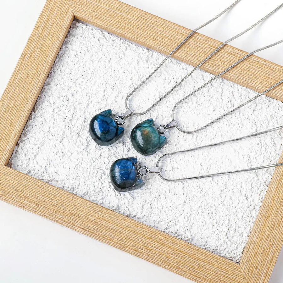 Blue Labradorite Crystal Cat Head Pendant