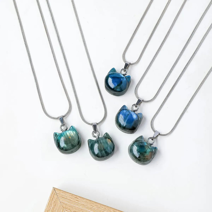 Blue Labradorite Crystal Cat Head Pendant