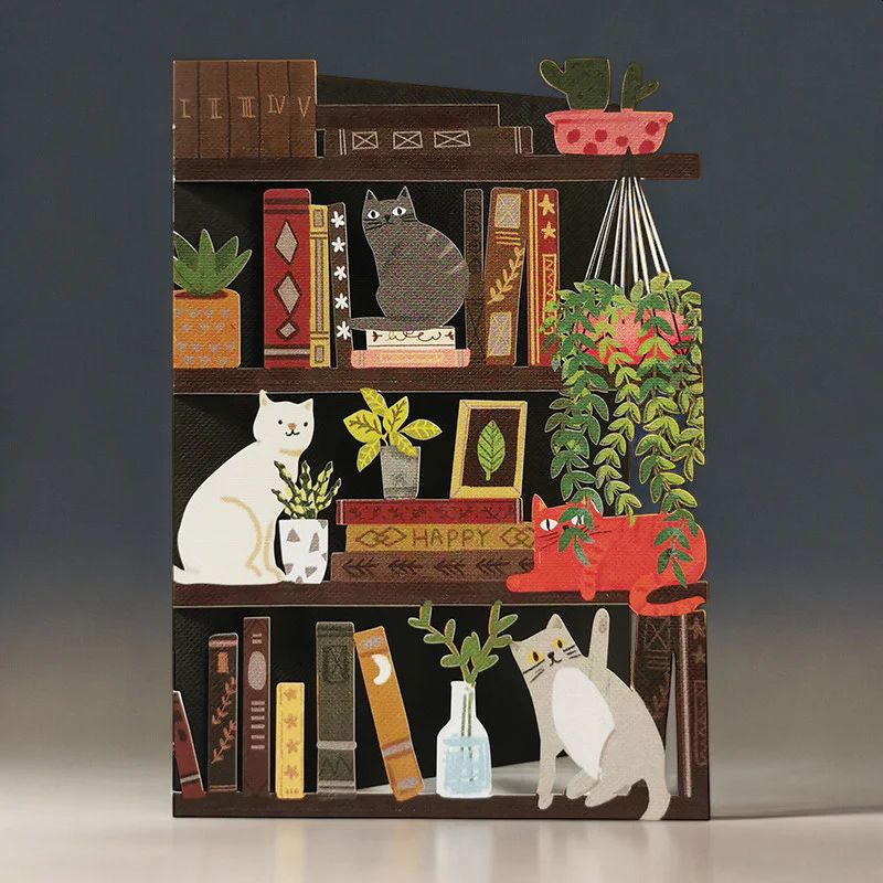 Bookcase Cats Laser-Cut Greetings Card