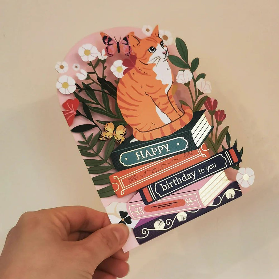Cat on Books laser-cut Birthday Card
