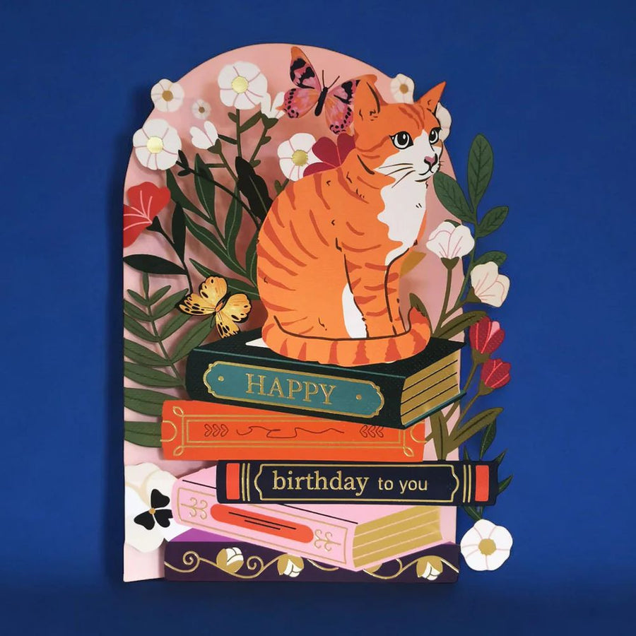 Cat on Books laser-cut Birthday Card