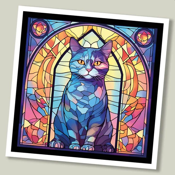 British Shorthair Cat Stained Glass Greetings Card