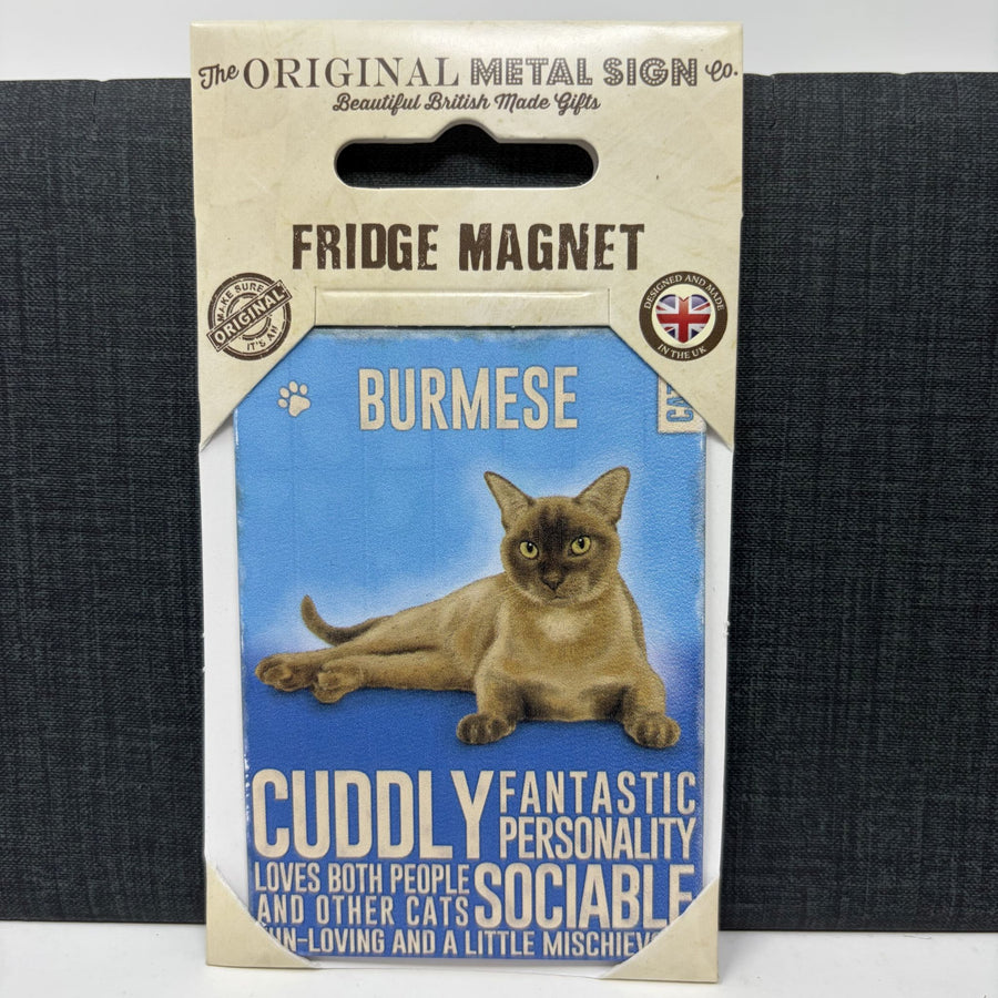A vintage-style metal fridge magnet package for a 'Burmese' cat, featuring a photo of a brown cat on a blue background with printed text describing the cat's personality.
