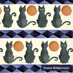 A paper napkin illustration with black cats and orange circles on a checkered background, featuring the brand 'Emma Bridgewater'.