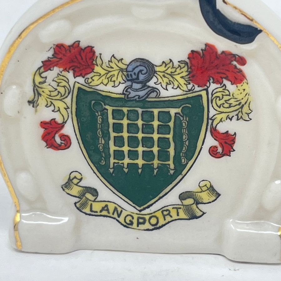 Vintage Arcadian Crested China Lucky Black Cat on Horseshoe - Langport Crest - c.1924