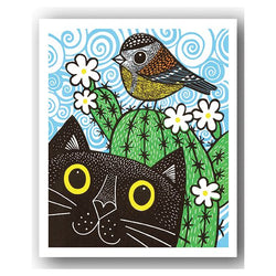 Cactus, Cat and Bird Linocut Card