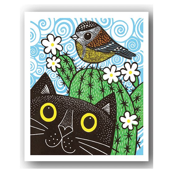 Cactus, Cat and Bird Linocut Card