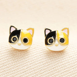 Calico Cat Enamel and Gold Ear Studs